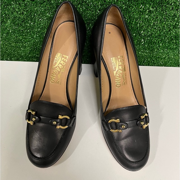 Salvatore Ferragamo | Shoes | Ferragamo Black Inside Gold Block Heel ...